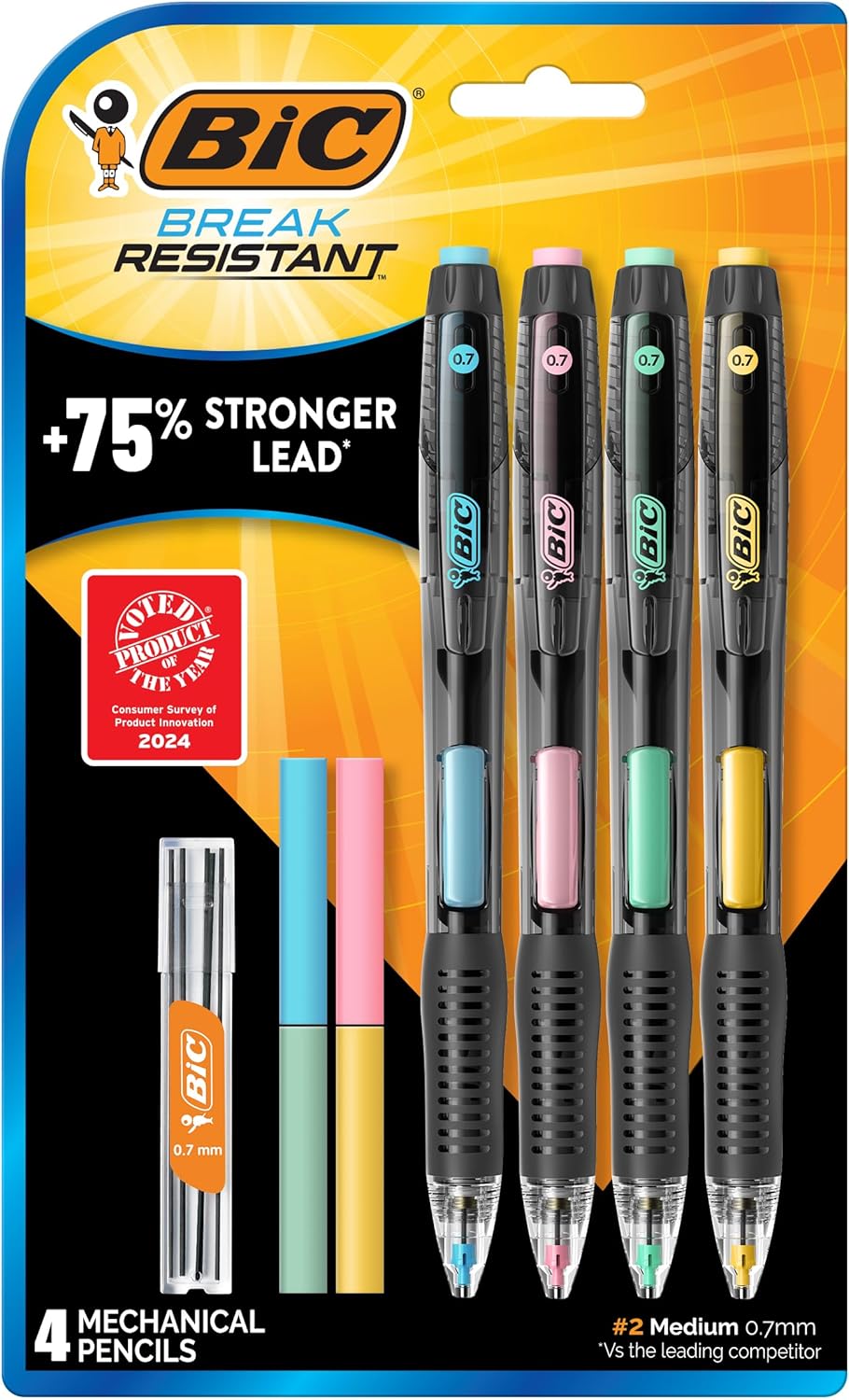 BIC Break Resistant Mechanical Pencils with Erasers, No. 2 Medium Point (0.7mm), 4-Count Pack Pencils for School or Office Supplies, Lead and Eraser Refills